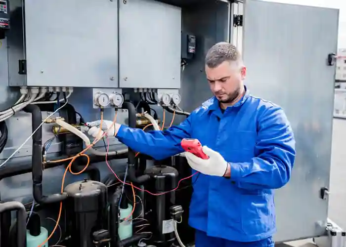 Técnico con manómetro digital mide presiones y parámetros en unidad de refrigeración durante el mantenimiento preventivo a equipos de refrigeración industrial, asegurando eficiencia y continuidad operativa.