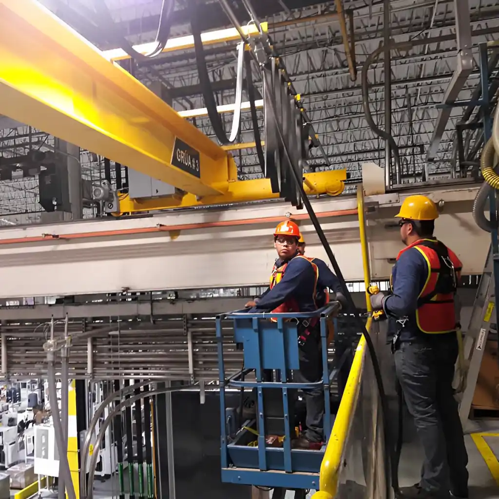 Dos técnicos realizando mantenimiento de grúa en un entorno industrial, trabajando en altura con equipo de protección personal mientras inspeccionan y ajustan el sistema de elevación.