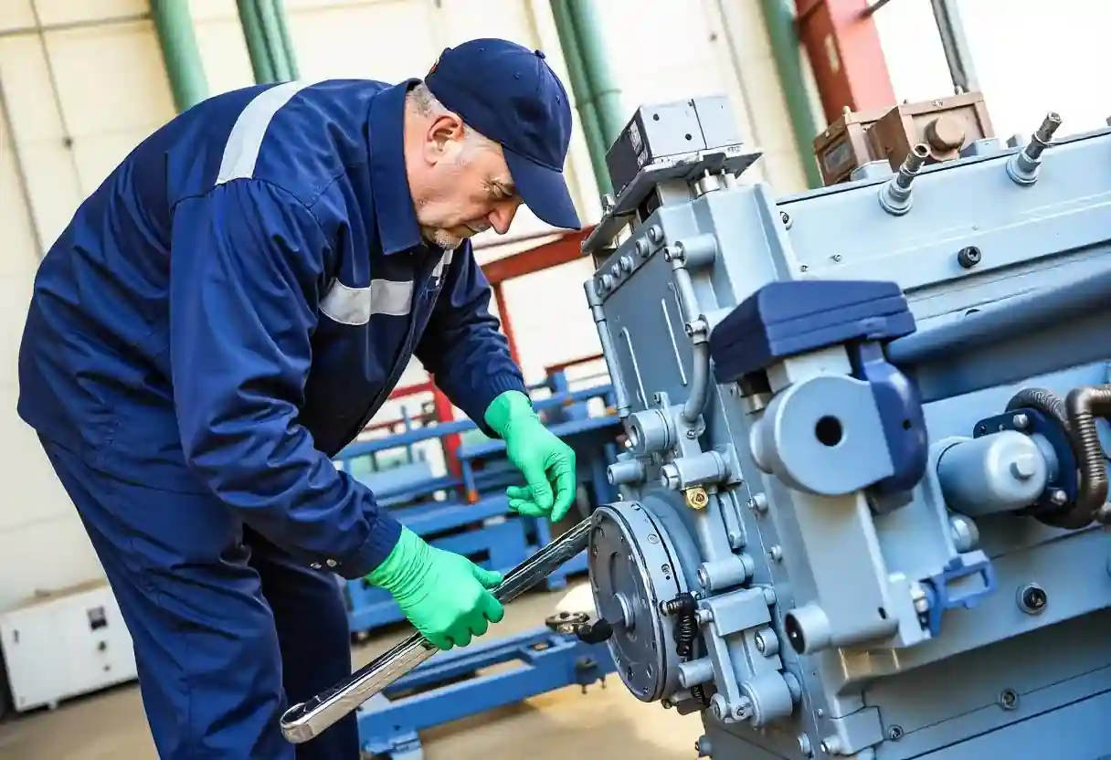 Técnico con guantes ajusta tornillería del compresor durante el mantenimiento preventivo a equipos de refrigeración industrial, asegurando estanqueidad y rendimiento eficiente.