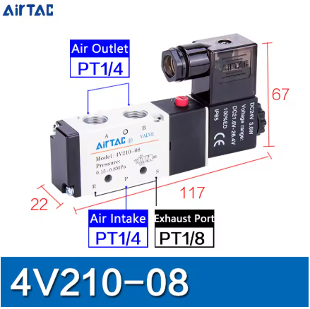 VALVULA SOLENOIDE AIRTAC 5/2, 4V210-08, 24V DC
