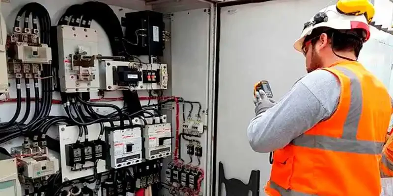 Técnico con casco y chaleco midiendo con multímetro un tablero eléctrico industrial abierto durante la instalación de tableros, revisando protecciones y cableado para una ejecución segura.